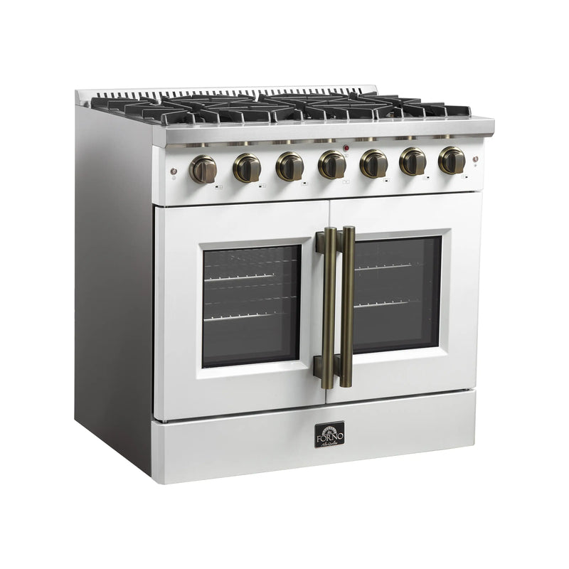 Forno Galiano 36-Inch French Door Gas Range with 6 Burners and 5.36 Cu.Ft. Convection Oven in White with Antique Brass Trim (FFSGS6444-36WHT)
