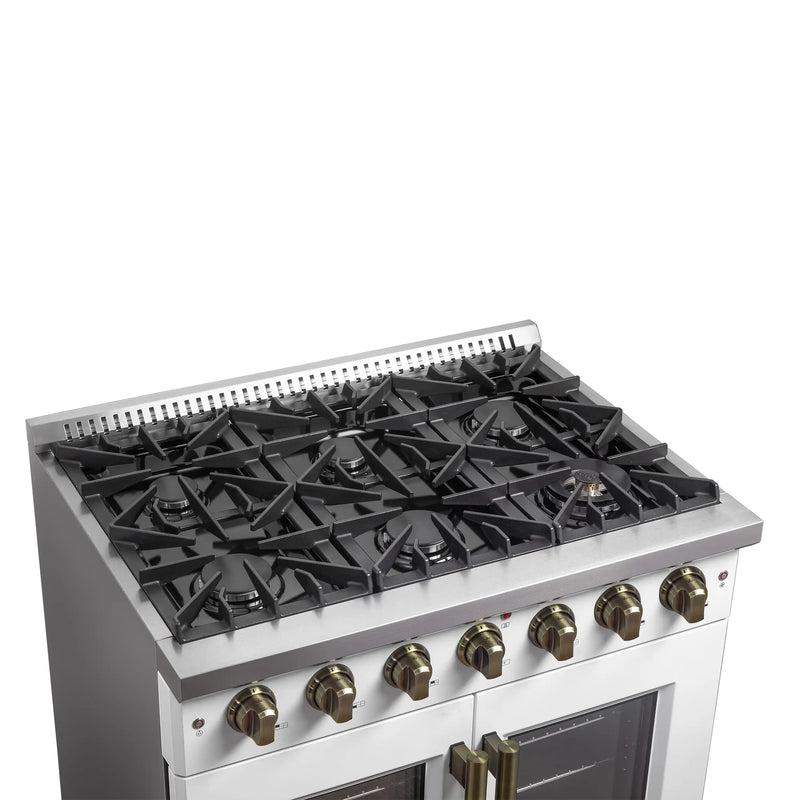 Forno Galiano 36-Inch French Door Gas Range with 6 Burners and 5.36 Cu.Ft. Convection Oven in White with Antique Brass Trim (FFSGS6444-36WHT)