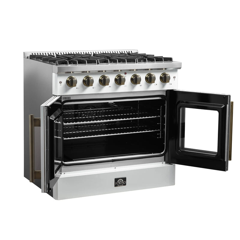 Forno Galiano 36-Inch French Door Gas Range with 6 Burners and 5.36 Cu.Ft. Convection Oven in White with Antique Brass Trim (FFSGS6444-36WHT)