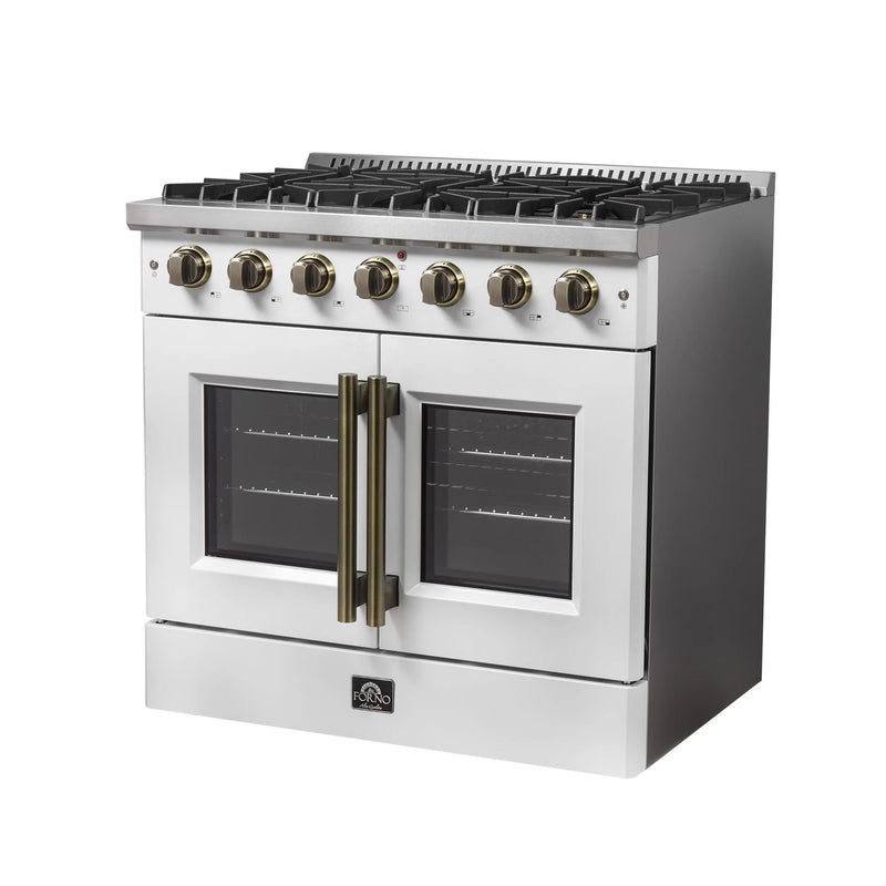 Forno Galiano 36-Inch French Door Gas Range with 6 Burners and 5.36 Cu.Ft. Convection Oven in White with Antique Brass Trim (FFSGS6444-36WHT)