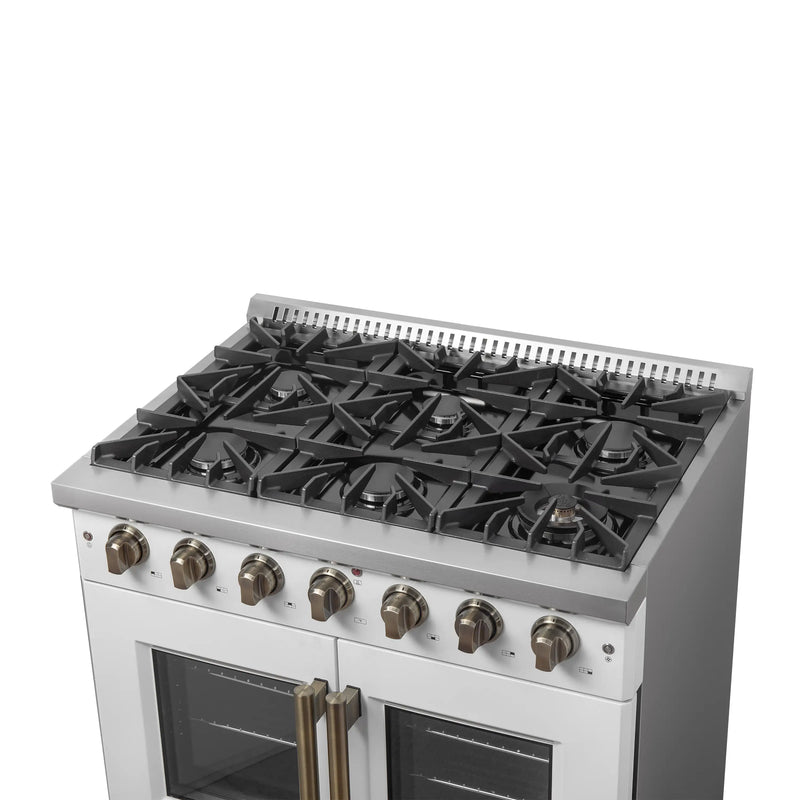 Forno Galiano 36-Inch French Door Gas Range with 6 Burners and 5.36 Cu.Ft. Convection Oven in White with Antique Brass Trim (FFSGS6444-36WHT)