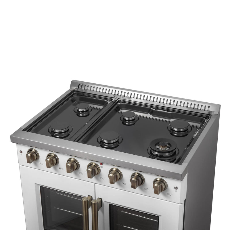 Forno Galiano 36-Inch French Door Gas Range with 6 Burners and 5.36 Cu.Ft. Convection Oven in White with Antique Brass Trim (FFSGS6444-36WHT)