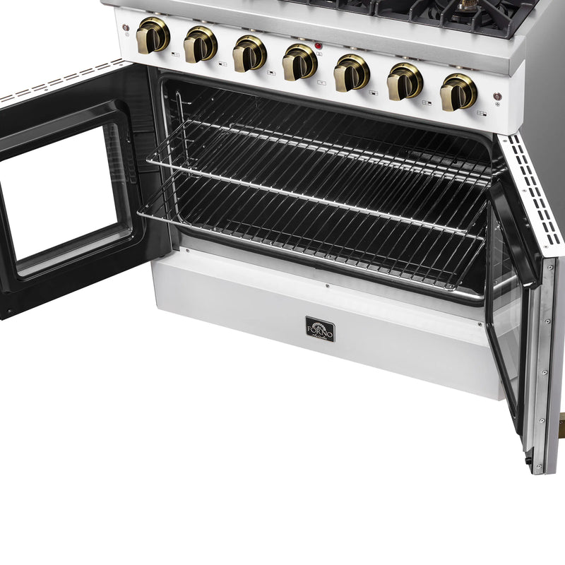 Forno Galiano 36-Inch French Door Gas Range with 6 Burners and 5.36 Cu.Ft. Convection Oven in White with Antique Brass Trim (FFSGS6444-36WHT)