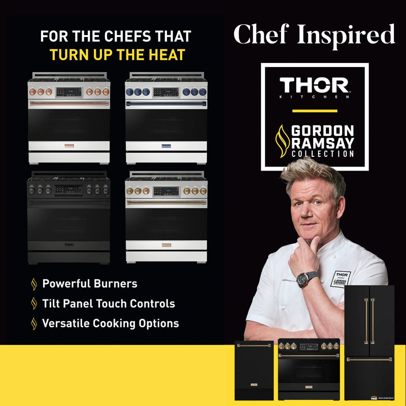 Thor Kitchen Gordon Ramsay 3-Piece Appliance Package - 30-Inch Electric Range with Tilt Panel Touch Control, 36-Inch Refrigerator, and Dishwasher in Stainless Steel with Blue Trim