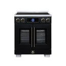 FORNO Maximus 30-Inch Induction Range with 4.32 Cu. Ft. Convection Oven, French Door, 4 Cooking Zones,  Air Sous Vide, Air Fry Basket in Black with Antique Brass Trim (FFSIN0932-30BLK)