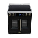 FORNO Maximus 30-Inch Induction Range with 4.32 Cu. Ft. Convection Oven, French Door, 4 Cooking Zones,  Air Sous Vide, Air Fry Basket in Black with Antique Brass Trim (FFSIN0932-30BLK)