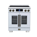 FORNO Maximus 30-Inch Induction Range with 4.32 Cu. Ft. Convection Oven, French Door, 4 Cooking Zones,  Air Sous Vide, Air Fry Basket in White with Antique Brass Trim (FFSIN0932-30WHT)