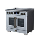 FORNO Maximus 36-Inch Induction Range with 5.36 Cu. Ft. Convection Oven, French Door, 5 Cooking Zones,  Air Sous Vide, Air Fry Basket in White with Antique Brass Trim (FFSIN0932-36WHT)