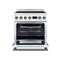 FORNO Torino 30-Inch Induction Range with 4.32 Cu. Ft. True Convection Oven, 8800W Cooktop,  Air Fry, Air Sous Vide, Smudge Resistant in White with Antique Brass Trim (FFSIN0936-30WHT)