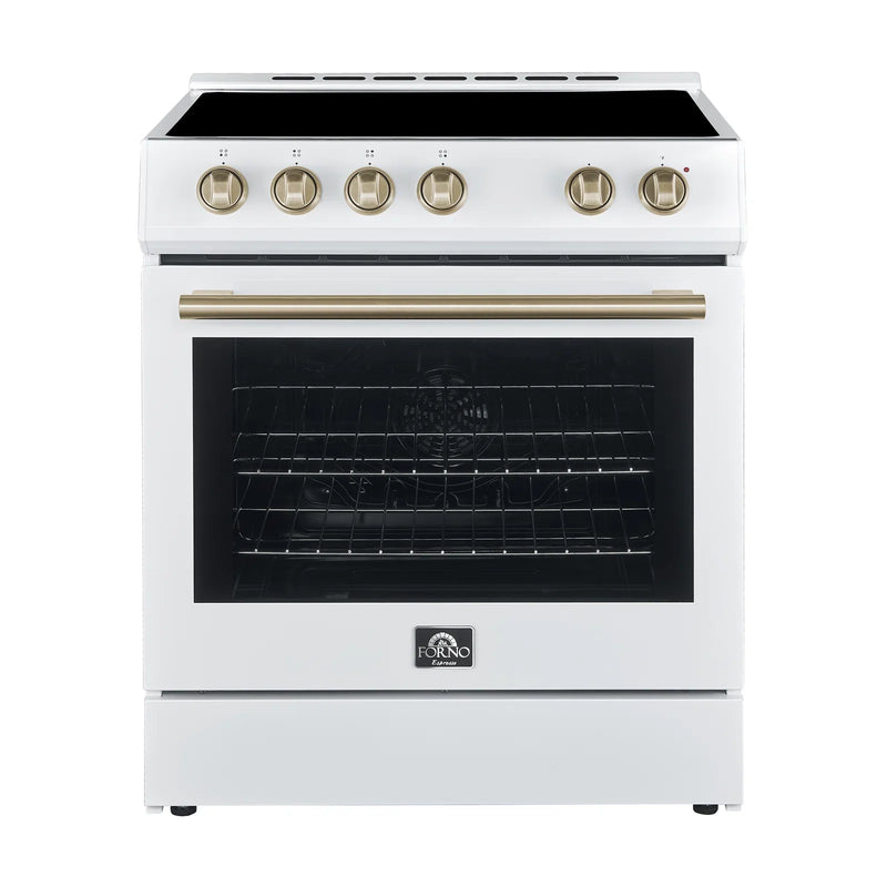Forno 3-Piece Appliance Package - 30-Inch Espresso Electric Range, Under Cabinet Range Hood, & 31-Inch Refrigerator in White with Antique Brass Handle