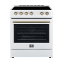 Forno Espresso 4-Piece Appliance Package - 30-Inch Electric Range, Under Cabinet Range Hood, Refrigerator and Dishwasher in White with Antique Brass Trim