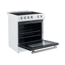 Forno 5-Piece Appliance Package - 30-Inch Electric Range, Under Cabinet Range Hood, Refrigerator with Water Dispenser, Dishwasher, and  Microwave Drawer in White with Antique Brass Trim