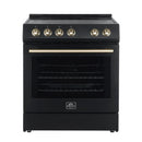 Forno 5-Piece Appliance Package - 30-Inch Electric Range, Under Cabinet Range Hood, French Door Refrigerator, Dishwasher, and 30-Inch Microwave Drawer in Black with Antique Brass Trim