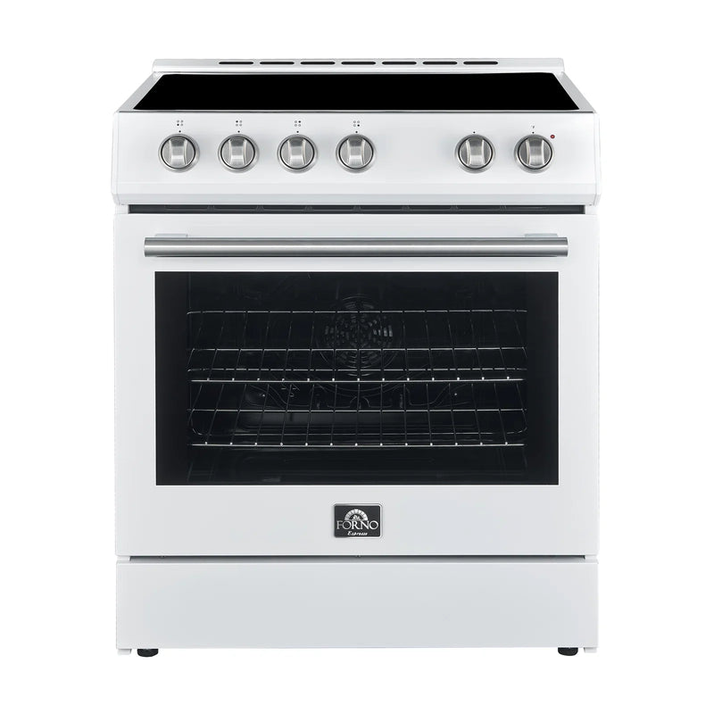 Forno 3-Piece Appliance Package - 30-Inch Espresso Electric Range, Under Cabinet Range Hood, & 31-Inch Refrigerator in White with Antique Brass Handle