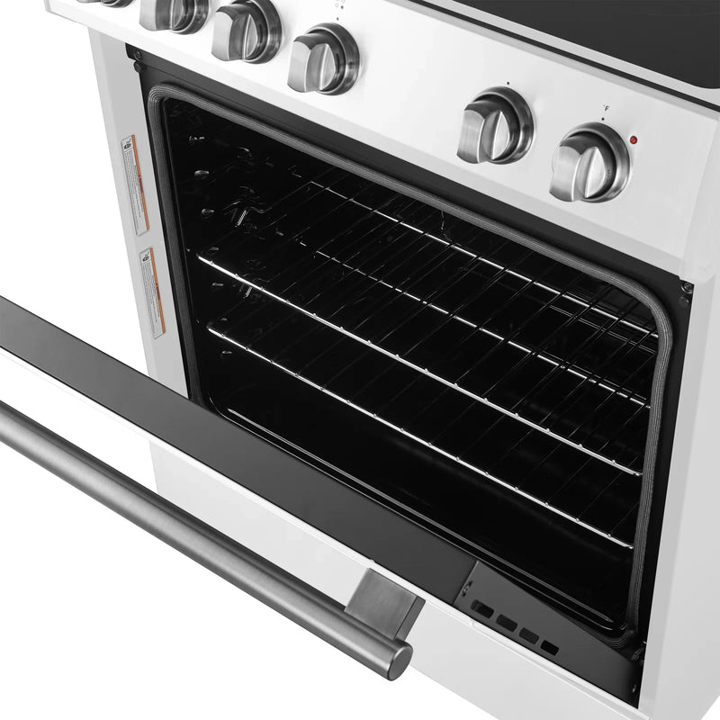 Forno 3-Piece Appliance Package - 30-Inch Espresso Electric Range, Under Cabinet Range Hood, & 31-Inch Refrigerator in White with Antique Brass Handle