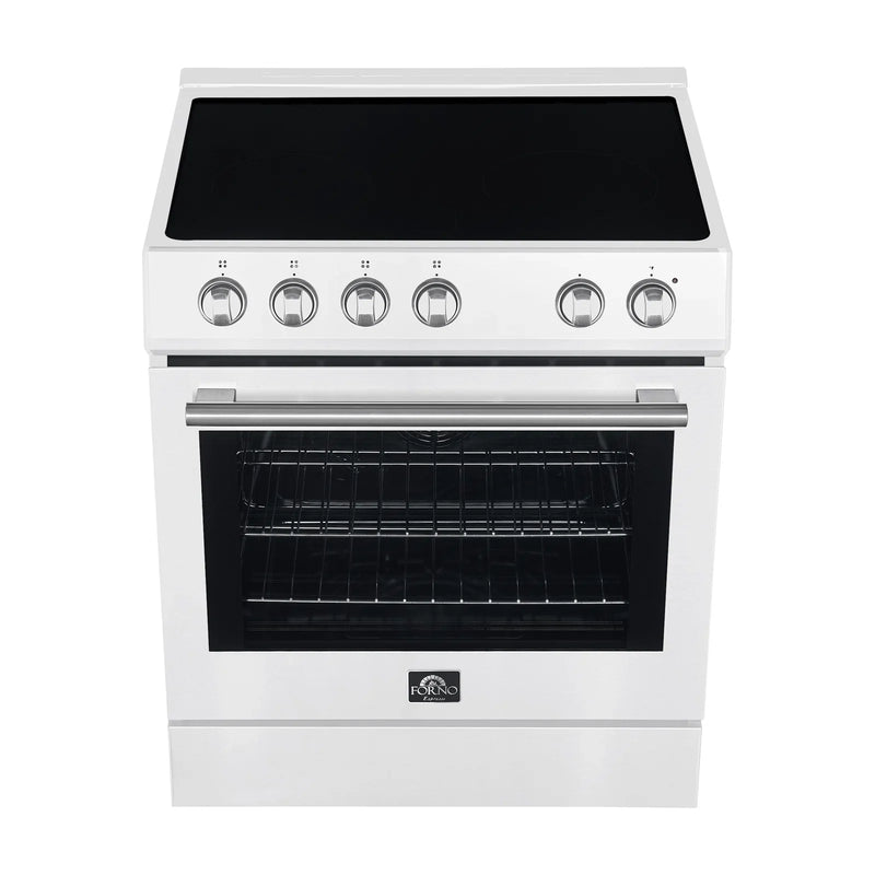 Forno 3-Piece Appliance Package - 30-Inch Espresso Electric Range, Under Cabinet Range Hood, & 31-Inch Refrigerator in White with Antique Brass Handle