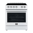 Forno 5-Piece Appliance Package - 30-Inch Electric Range, Under Cabinet Range Hood, Refrigerator, Dishwasher, and 30-Inch Microwave Oven in White with Antique Brass Trim