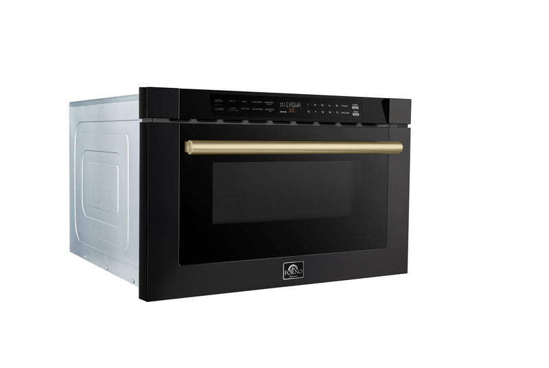 Forno 5-Piece Appliance Package - 30-Inch Gas Range, Under Cabinet Range Hood,  French Door Refrigerator, Dishwasher, and  Microwave Drawer in Black with Antique Brass Trim