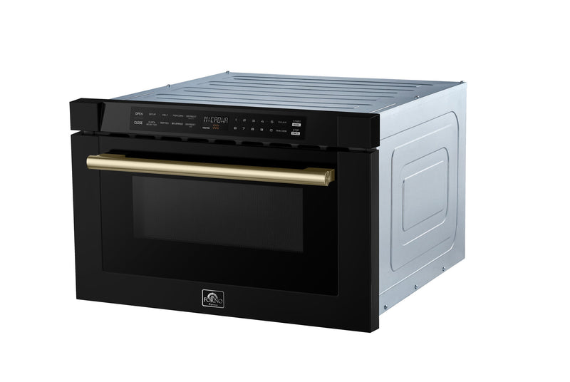 Forno 5-Piece Appliance Package - 30-Inch Gas Range, Under Cabinet Range Hood,  French Door Refrigerator, Dishwasher, and  Microwave Drawer in Black with Antique Brass Trim