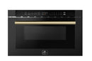 Forno Antico 5-Piece Appliance Package - 36-Inch Gas Range, 36-Inch Hood, 36-Inch Refrigerator, 24-Inch Dishwasher, & 30-Inch Microwave Drawer in Black with Antique Brass Trim