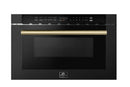 Forno Galiano 5-Piece Appliance Package - 48-Inch Gas Range, 48-Inch Hood, 36-Inch Refrigerator, 24-Inch Dishwasher, & 24-Inch Microwave Drawer in Black with Antique Brass Trim