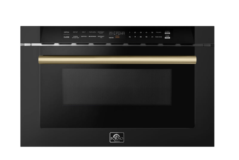 Forno Antico 5-Piece Appliance Package - 36-Inch Dual Fuel Range, 36-Inch Hood, 36-Inch Refrigerator, 24-Inch Dishwasher, & 24-Inch Microwave Drawer in Black with Antique Brass Trim