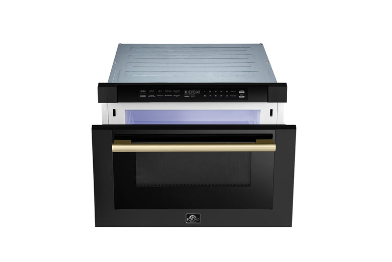 Forno 5-Piece Appliance Package - 30-Inch Gas Range, Under Cabinet Range Hood,  French Door Refrigerator, Dishwasher, and  Microwave Drawer in Black with Antique Brass Trim