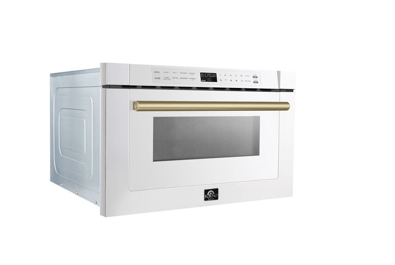 Forno Galiano 5-Piece Appliance Package - 36-Inch Dual Fuel Range, 36-Inch Hood, 36-Inch Refrigerator, 24-Inch Dishwasher, & 24-Inch Microwave Drawer in White with Antique Brass Trim
