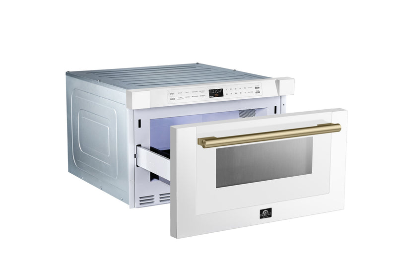 Forno Galiano 5-Piece Appliance Package - 36-Inch Dual Fuel Range, 36-Inch Hood, 36-Inch Refrigerator, 24-Inch Dishwasher, & 24-Inch Microwave Drawer in White with Antique Brass Trim