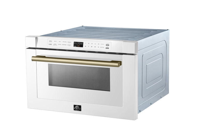 Forno Galiano 5-Piece Appliance Package - 48-Inch Dual Fuel Range, 48-Inch Hood, 36-Inch Refrigerator, 24-Inch Dishwasher, & 24-Inch Microwave Drawer in White with Antique Brass Trim