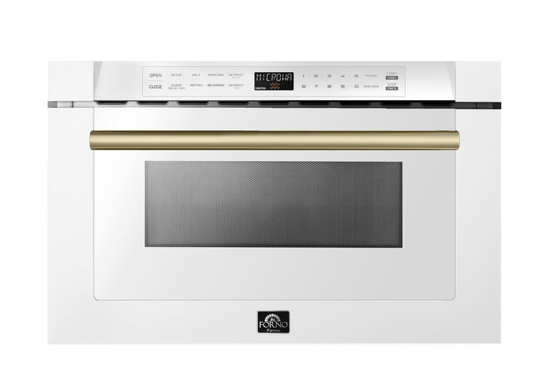 Forno Galiano 5-Piece Appliance Package - 36-Inch Dual Fuel Range, 36-Inch Hood, 36-Inch Refrigerator, 24-Inch Dishwasher, & 24-Inch Microwave Drawer in White with Antique Brass Trim