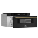 Forno 5-Piece Appliance Package - 48-Inch Dual Fuel Range, 60-Inch Convertible Refrigerator with Modern Trim, Dishwasher, and 30-Inch Microwave Drawer in Black with Antique Brass Handle