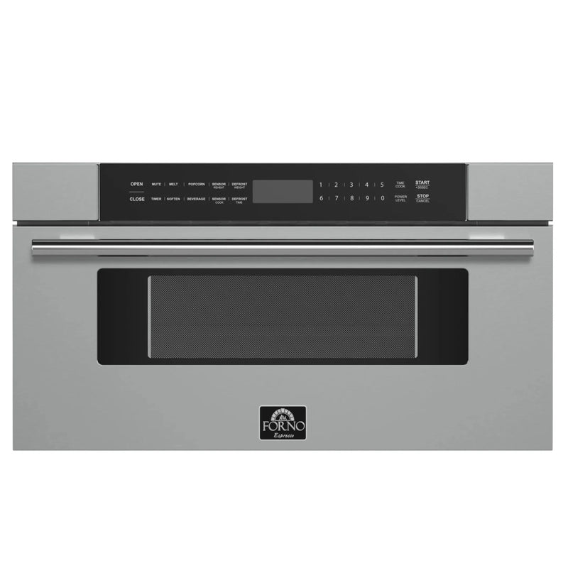 Forno 5-Piece Appliance Package - 30-Inch Gas Range, Under Cabinet Range Hood, Refrigerator wth Water Dispenser, Dishwasher, and 30-Inch Microwave Drawer in Stainless Steel