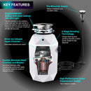 Forno Acqua BrightDiamond Moonstone 3/4HP Super Quiet Garbage Disposal Corded with Motion Sensor Cabinet Light & Pre-Wired Air Switch (WDD075TA2MS)