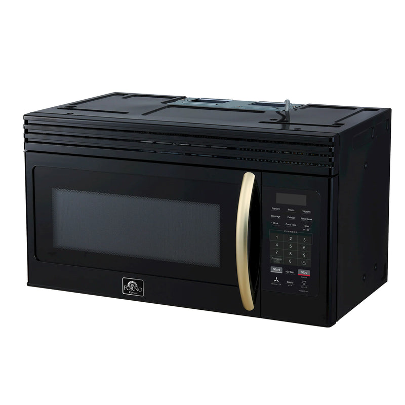 Forno Scalo 30-Inch Over the Range Microwave in Black with Antique Brass Handle – 1.6 cu.ft, 300 CFM Vent, Touch Control, LED Light (FOTR3007-30BLK)