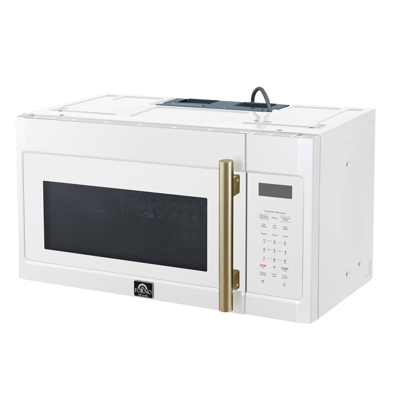 Forno Fornace 30-Inch Over-the-Range Convection Microwave in White with Antique Brass Handle – 1.5 cu.ft, 300 CFM Vent, Touch Control, LED Light (FOTR3038-30WHT)