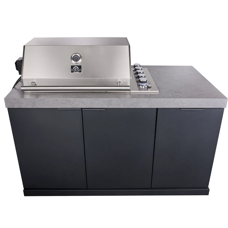 Forno Rimini Outdoor Kitchen 30-Inch BBQ 62,600 BTU, 3 Burners with Sear & Rotisserie, 2.4 cu.ft. Beverage Center, Stainless Steel Sink, Black Cabinets & Gray Sintered Stone Countertop (FODKT2544BLK)