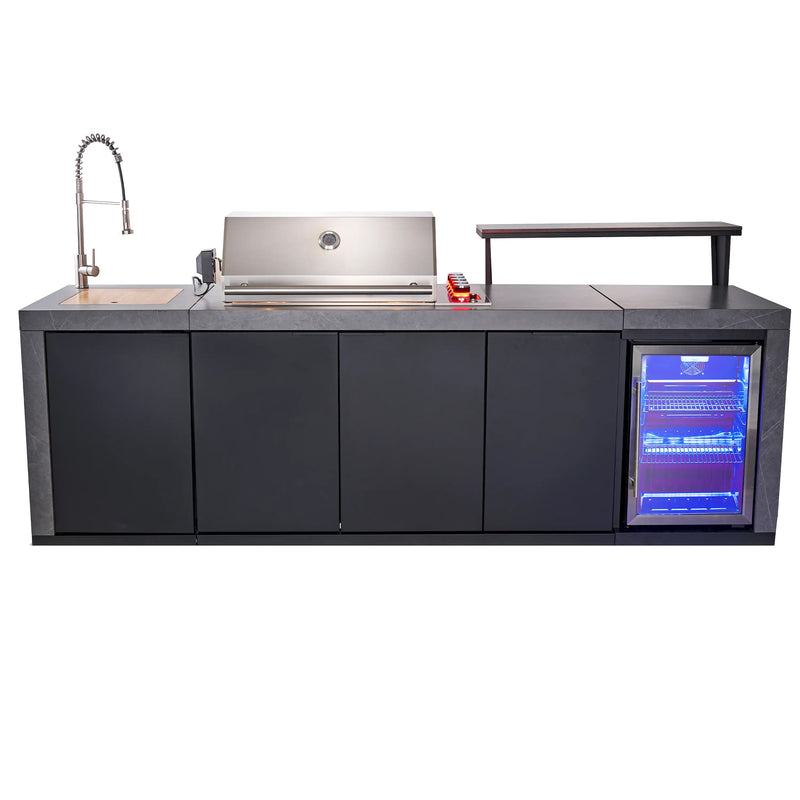 Forno Rimini Outdoor Kitchen 30-Inch BBQ 62,600 BTU, 3 Burners with Sear & Rotisserie, 2.4 cu.ft. Beverage Center, Stainless Steel Sink, Black Cabinets & Gray Sintered Stone Countertop (FODKT2544BLK)