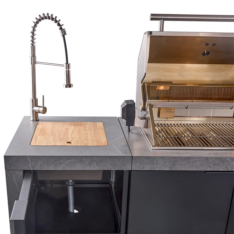 Forno Rimini Outdoor Kitchen 30-Inch BBQ 62,600 BTU, 3 Burners with Sear & Rotisserie, 2.4 cu.ft. Beverage Center, Stainless Steel Sink, Black Cabinets & Gray Sintered Stone Countertop (FODKT2544BLK)