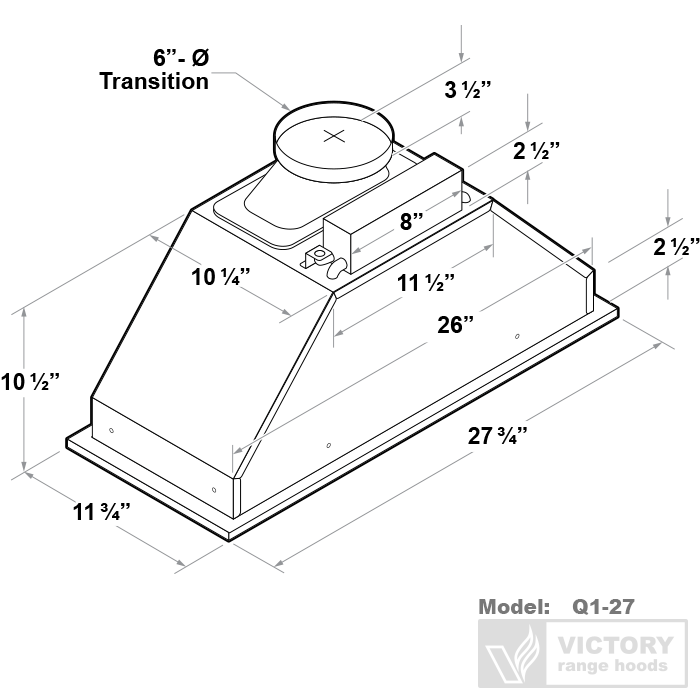 Victory Q1 27-Inch 600 CFM Insert Range Hood in Stainless Steel (Q1-27)