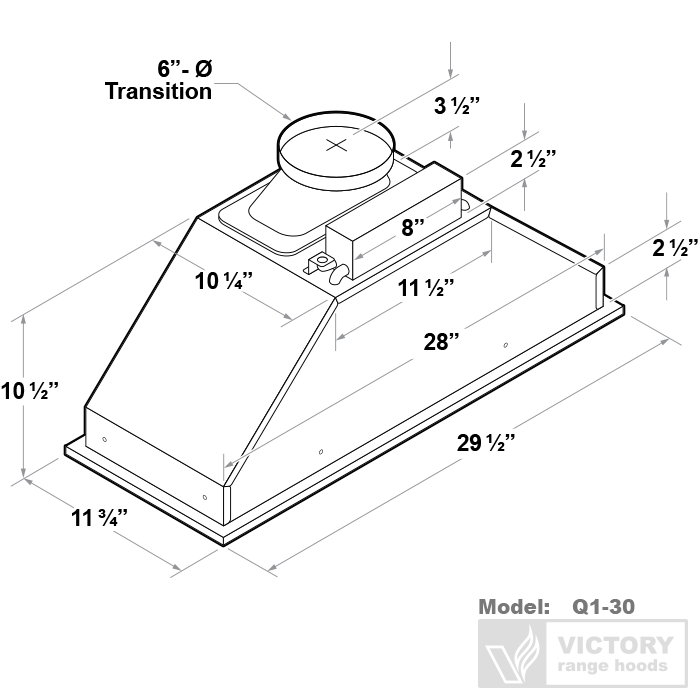 Victory Q1 30-Inch 600 CFM Insert Range Hood in Stainless Steel (Q1-30)