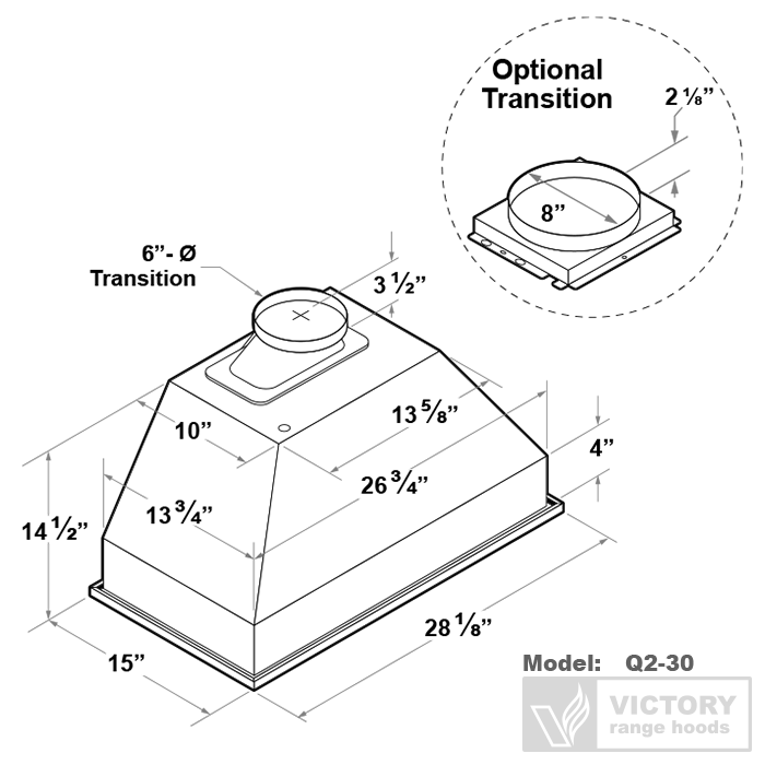 Victory Q2 30-Inch 700 CFM Insert Range Hood in Stainless Steel (Q2-30)