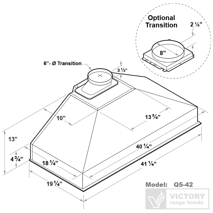 Victory Q5 42-Inch 750 CFM Range Hood Insert in Stainless Steel (Q5-42)