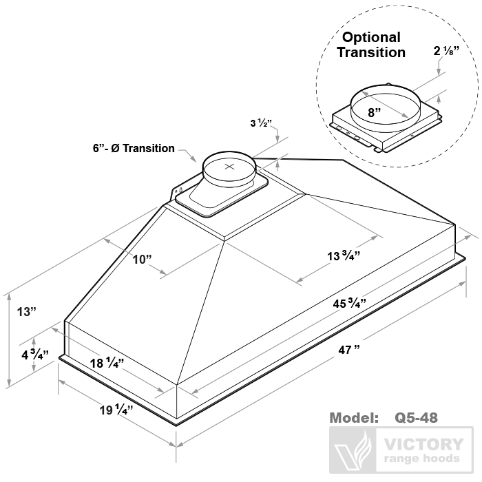 Victory Q5 48-Inch 750 CFM Insert Range Hood in Stainless Steel (Q5-48)