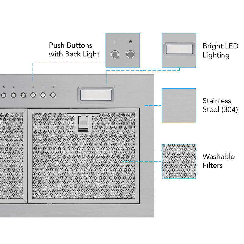 Victory 21-Inch 600 CFM Insert Range Hood with 4-Speed Push Button in Stainless Steel, Bright LED Lights, Auto-Shutoff Timer (Q6-21)