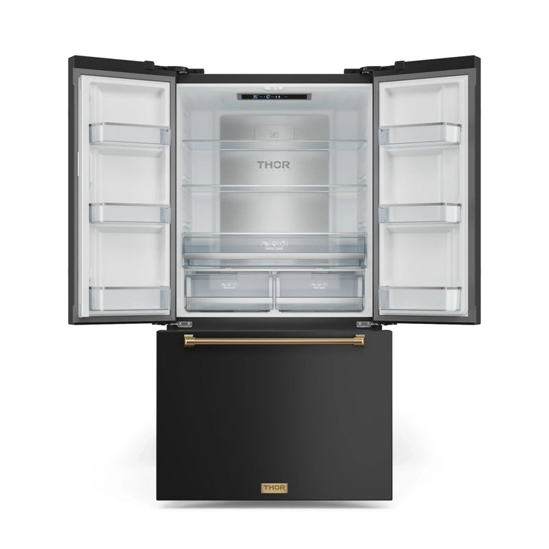 Gordon Ramsay by Thor Kitchen 3-Piece Appliance Package - 36-Inch Gas Range with Liquid Propane Kit, Tilt Panel, 36-Inch Refrigerator, and Dishwasher in Black with Bronze Trim