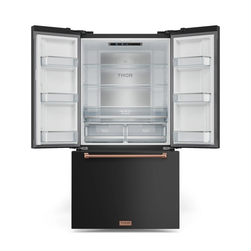 Gordon Ramsay by Thor Kitchen 3-Piece Appliance Package - 30-Inch Gas Range with Liquid Propane Kit, Tilt Panel, 36-Inch Refrigerator, and Dishwasher in Black with Rose Gold Trim