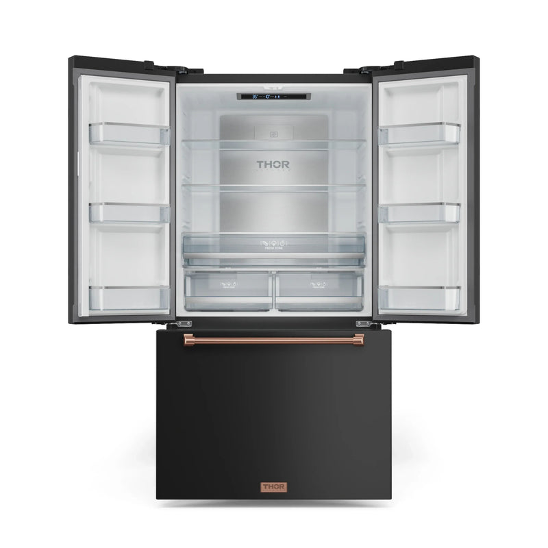 Thor Kitchen Gordon Ramsay 3-Piece Appliance Package - 30-Inch Gas Range with Tilt Panel, 36-Inch Refrigerator, and Dishwasher in Black with Rose Gold Trim