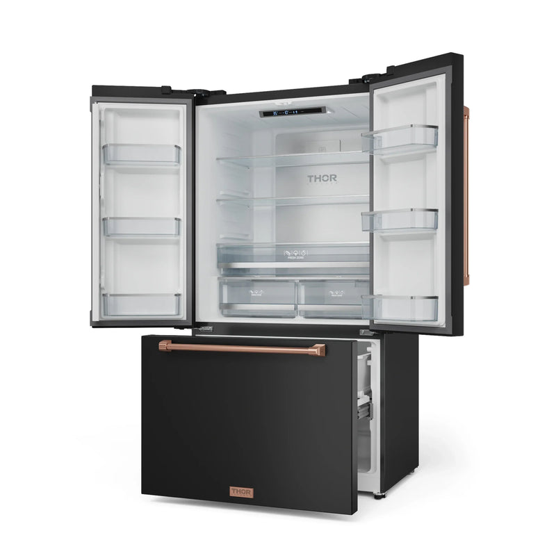 Gordon Ramsay by Thor Kitchen 3-Piece Appliance Package - 30-Inch Gas Range with Liquid Propane Kit, Tilt Panel, 36-Inch Refrigerator, and Dishwasher in Black with Rose Gold Trim