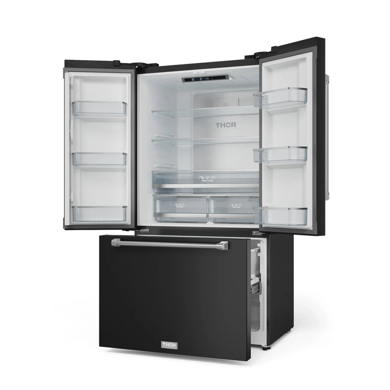 Gordon Ramsay by Thor Kitchen 3-Piece Appliance Package - 36-Inch Gas Range with Liquid Propane Kit, Tilt Panel, 36-Inch Refrigerator, and Dishwasher in Black with Stainless Steel Trim
